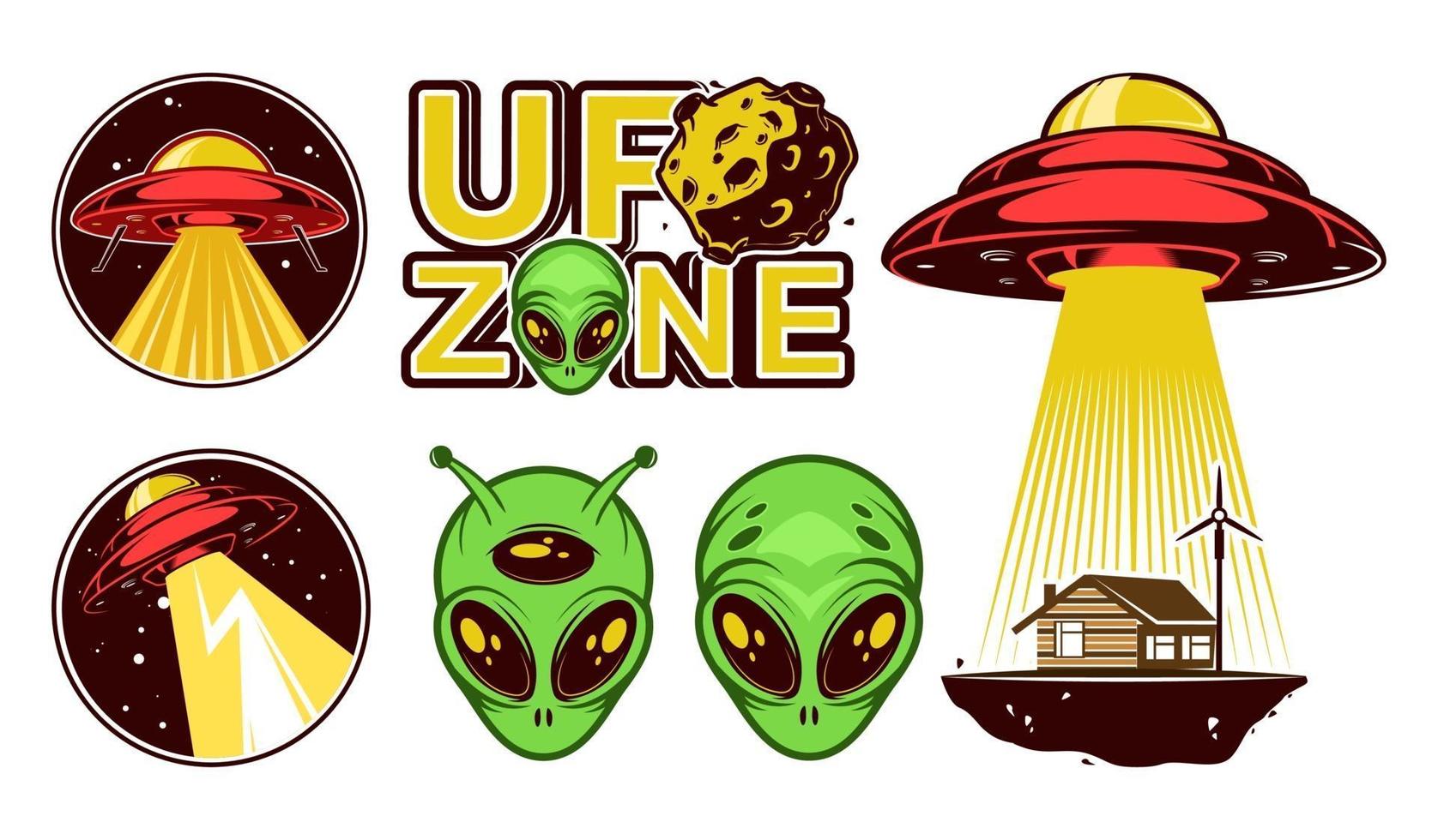 Big Aliens logo set. Ufo Day. Colorful badges with spaceships. Vector design