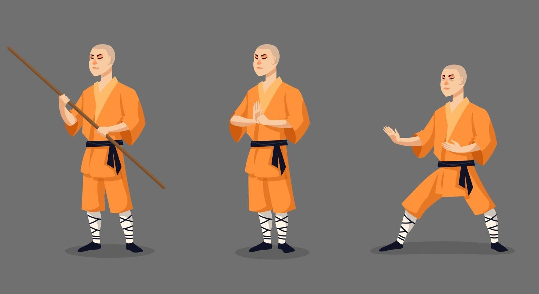 Shaolin monk in different poses. vector