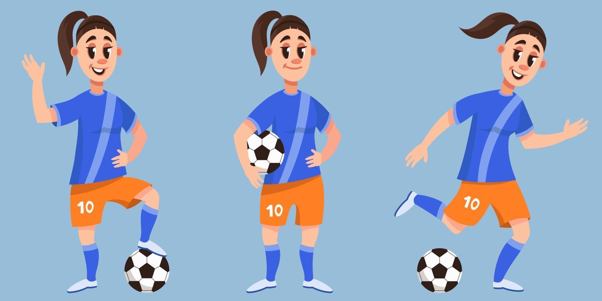 Soccer player in different poses. Female character in cartoon style. vector