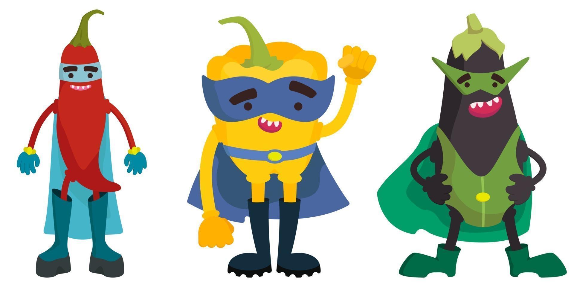 conjunto de verduras de superhéroe. Chile, pimiento y berenjena en estilo de dibujos animados. vector