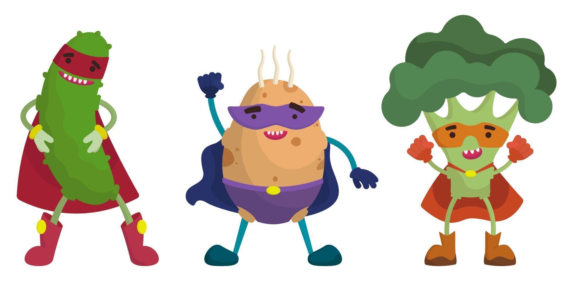 conjunto de verduras de superhéroe. pepino, papa y brócoli en estilo de dibujos animados. vector