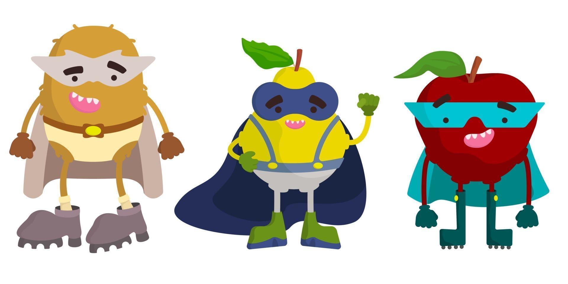Set of superhero fruits. Kiwi, pear and apple in cartoon style. vector