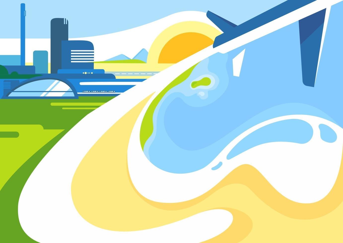 plantilla de banner con ciudad, costa y avión. vector