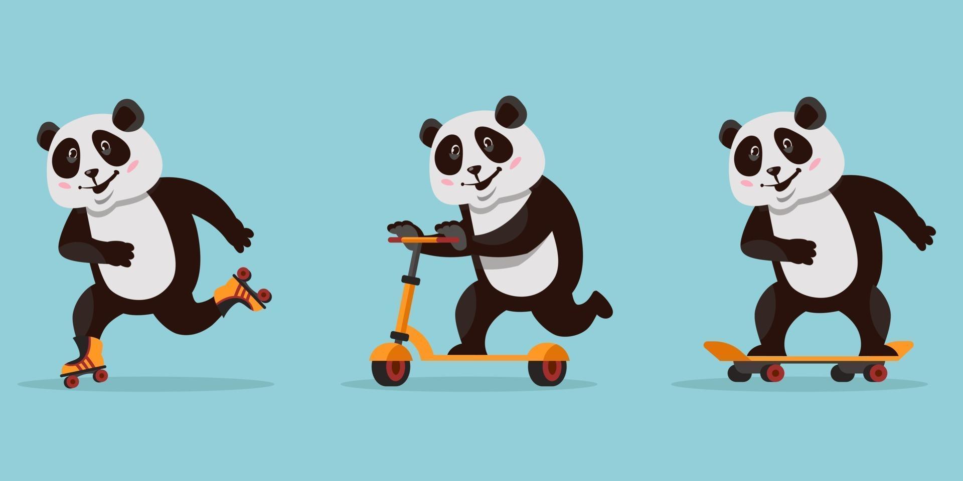 panda de divertidos dibujos animados. montar animales en patineta, patines y scooter. vector