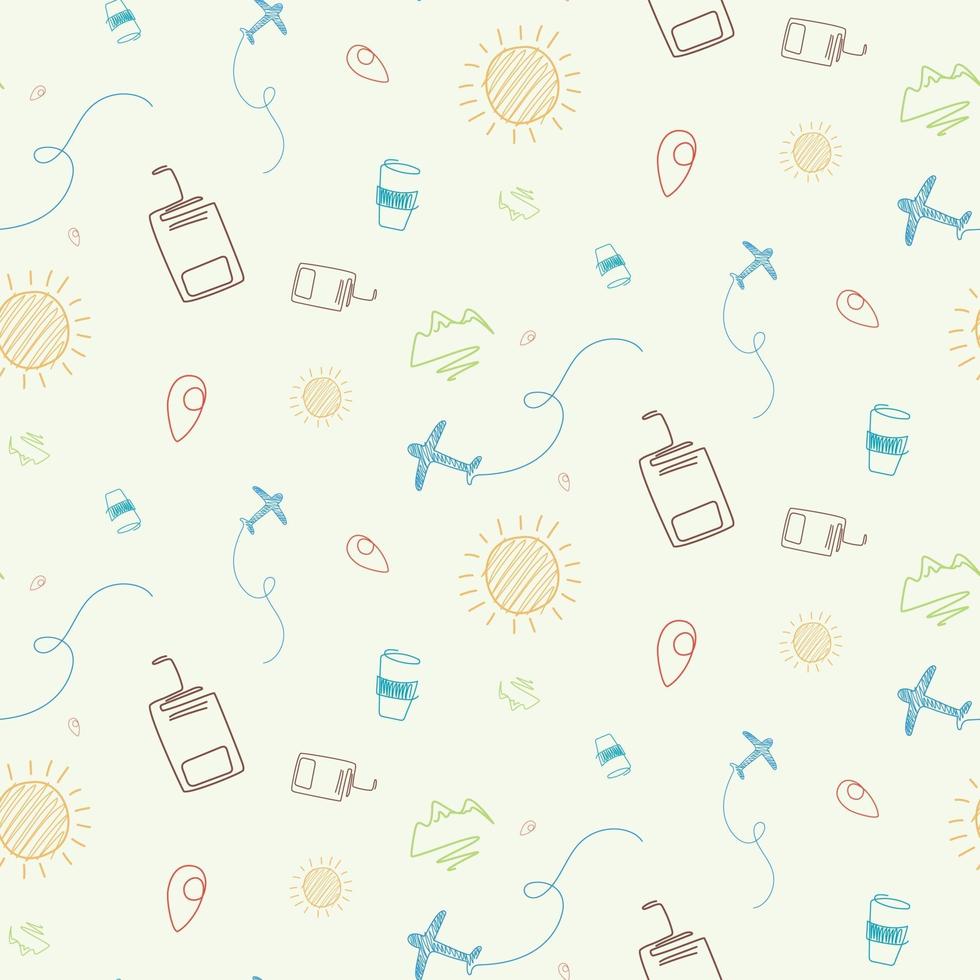 Seamless pattern with airplane, mountain and sun. vector