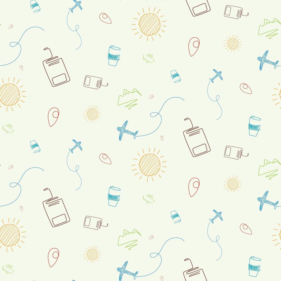 Seamless pattern with airplane, mountain and sun. vector