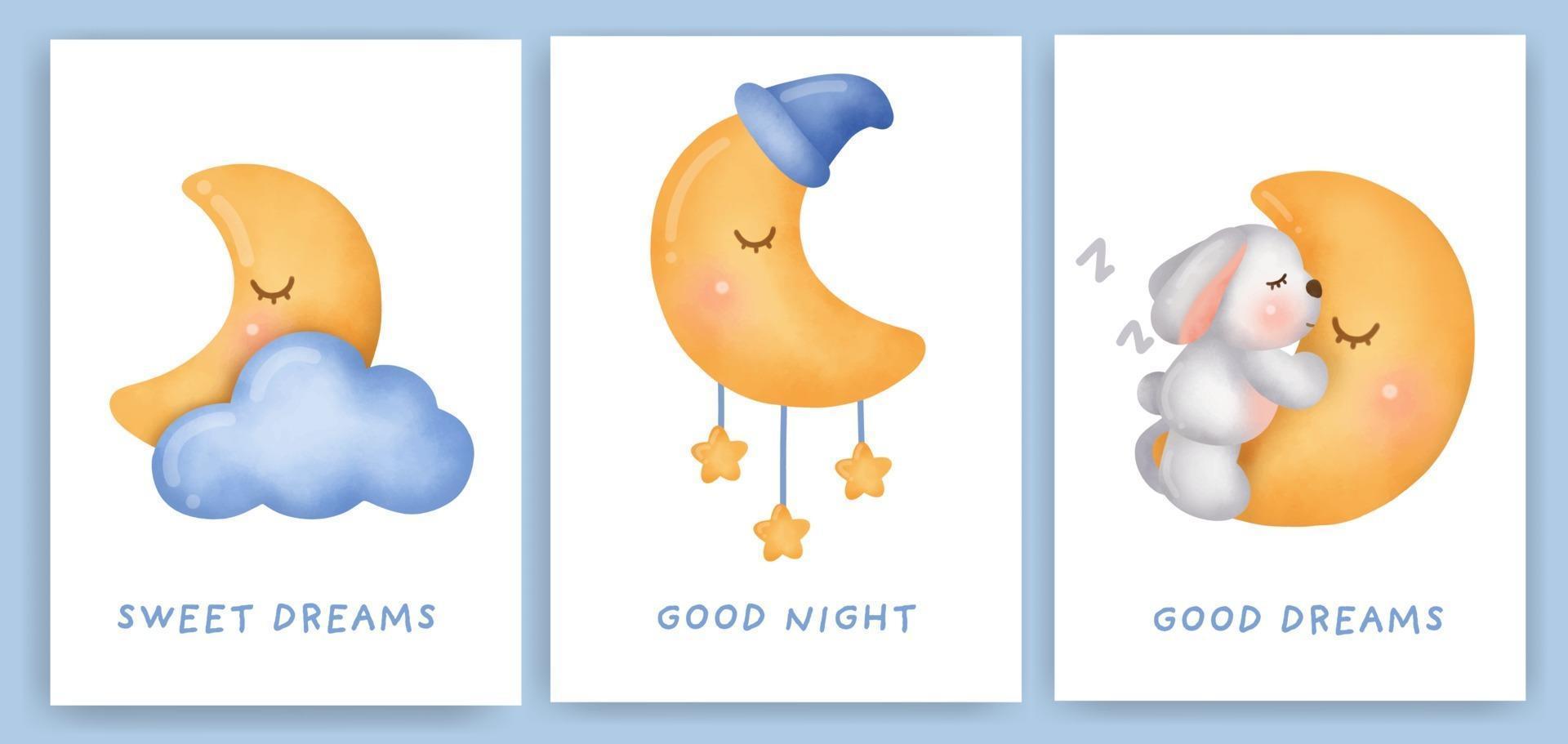 A cute rabbit sleeping on the moon watercolor card set . vector