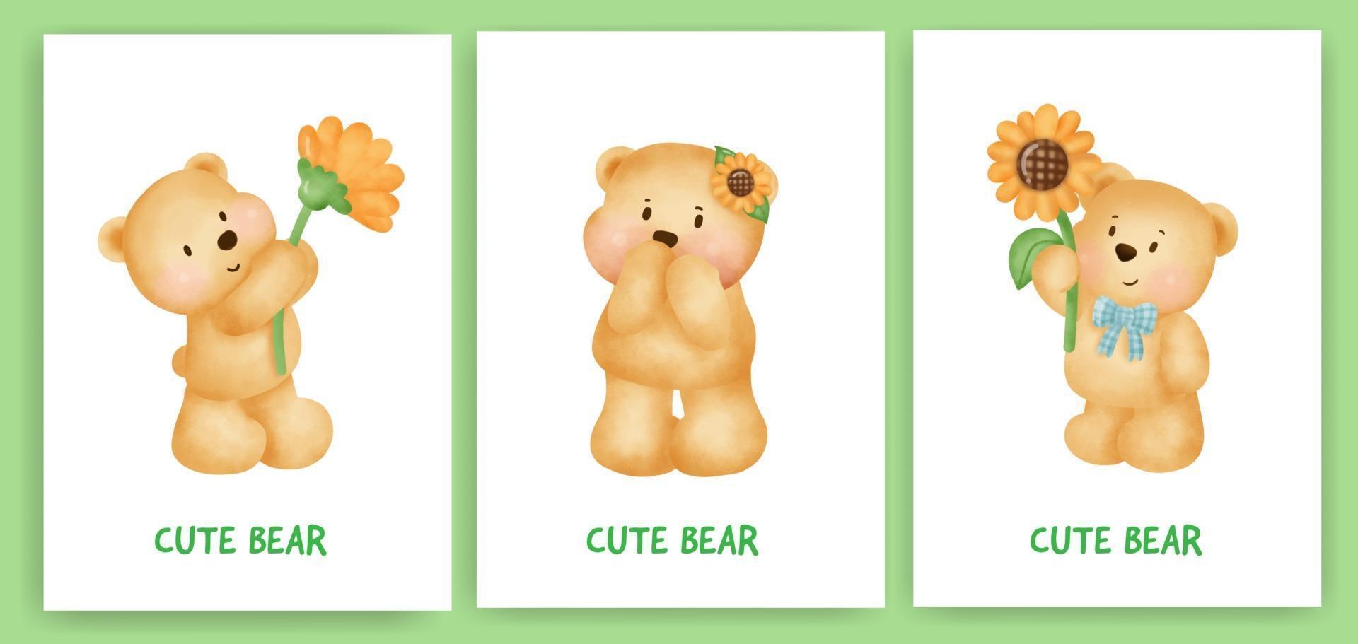 Cute teddy bear greeting card set in watercolor style. vector