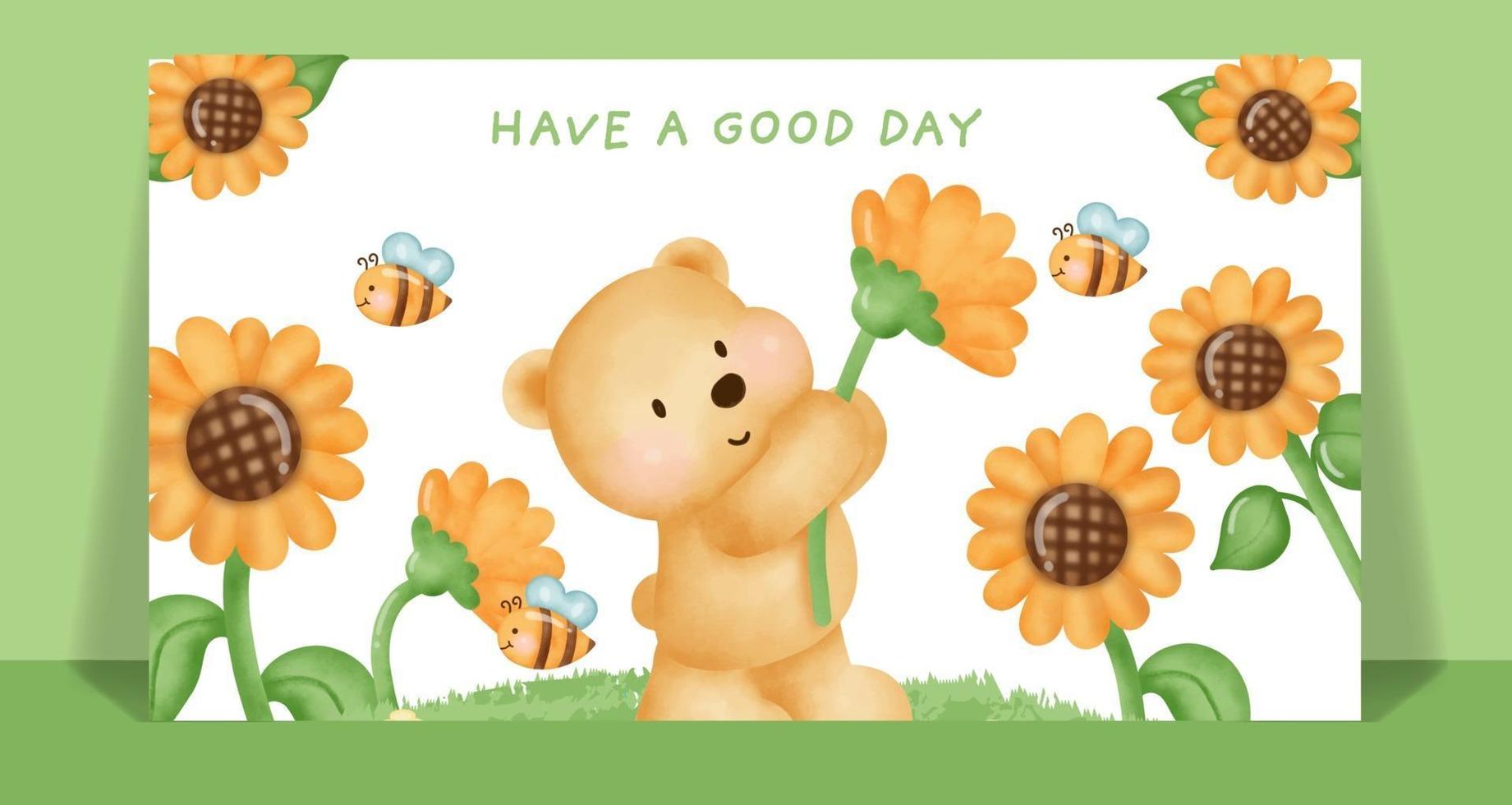 Watercolor cute teddy bear in the sunflower field. vector