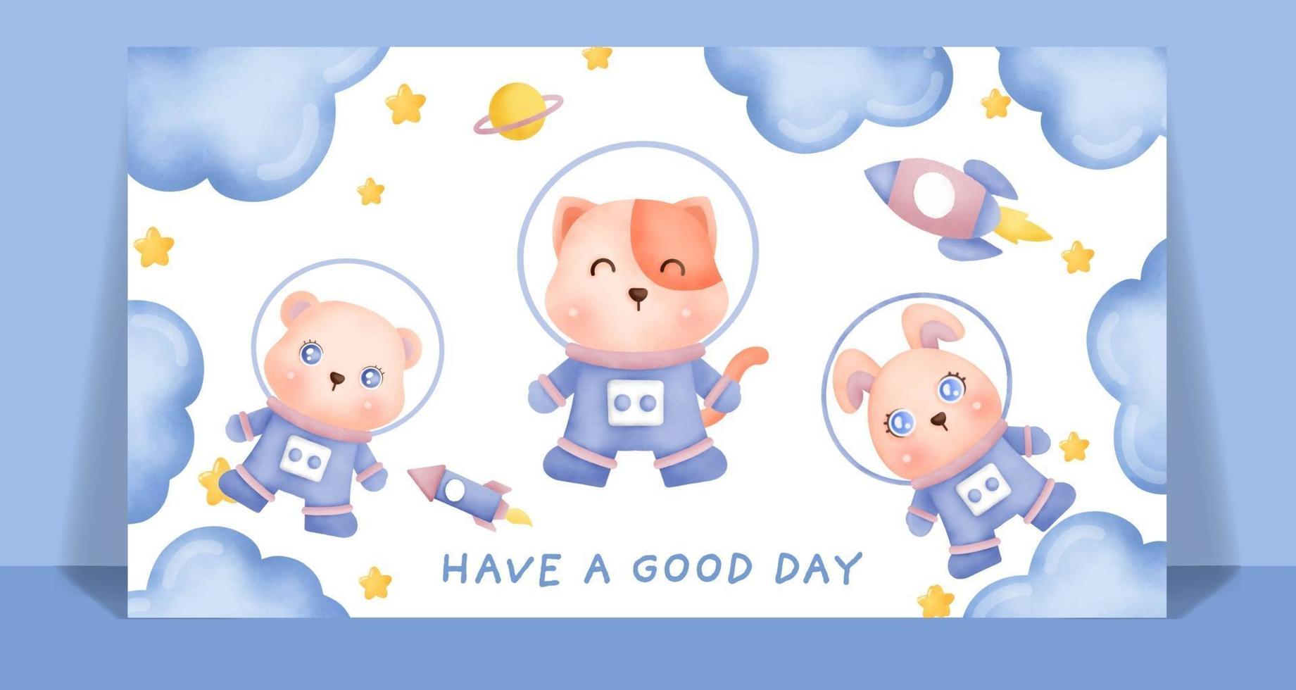 Watercolor cute animals in the space card. vector