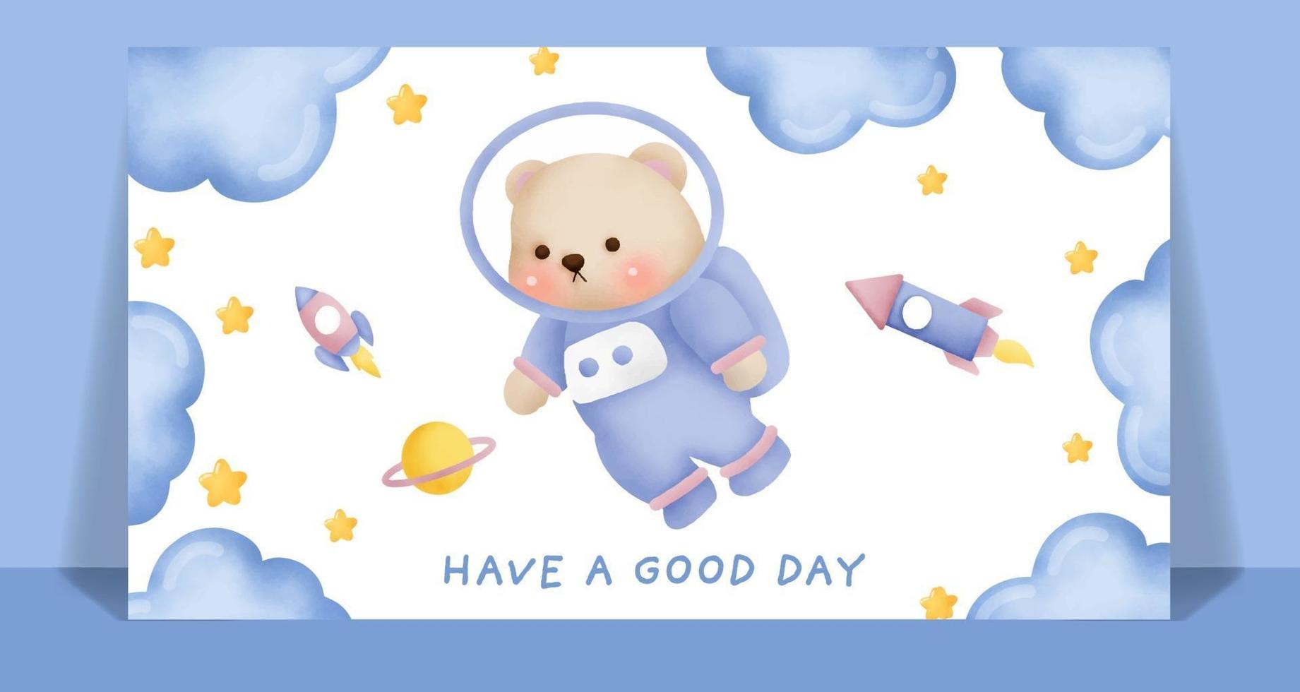 Watercolor cute teddy bear in the sky card. vector