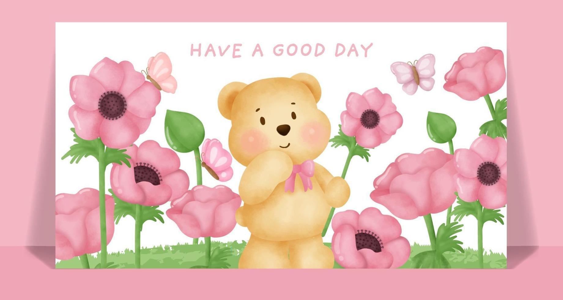 Watercolor cute teddy bear in the anemone field. vector