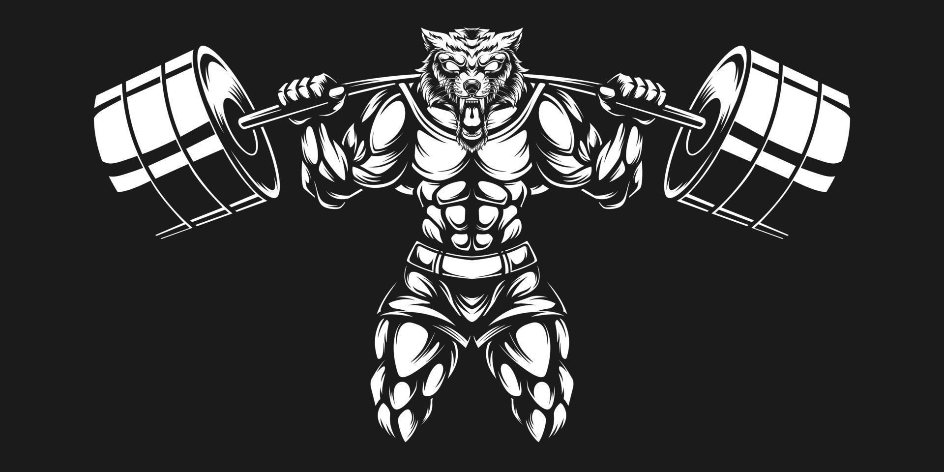 wolf bodybuilder with black white barbell lifting vector