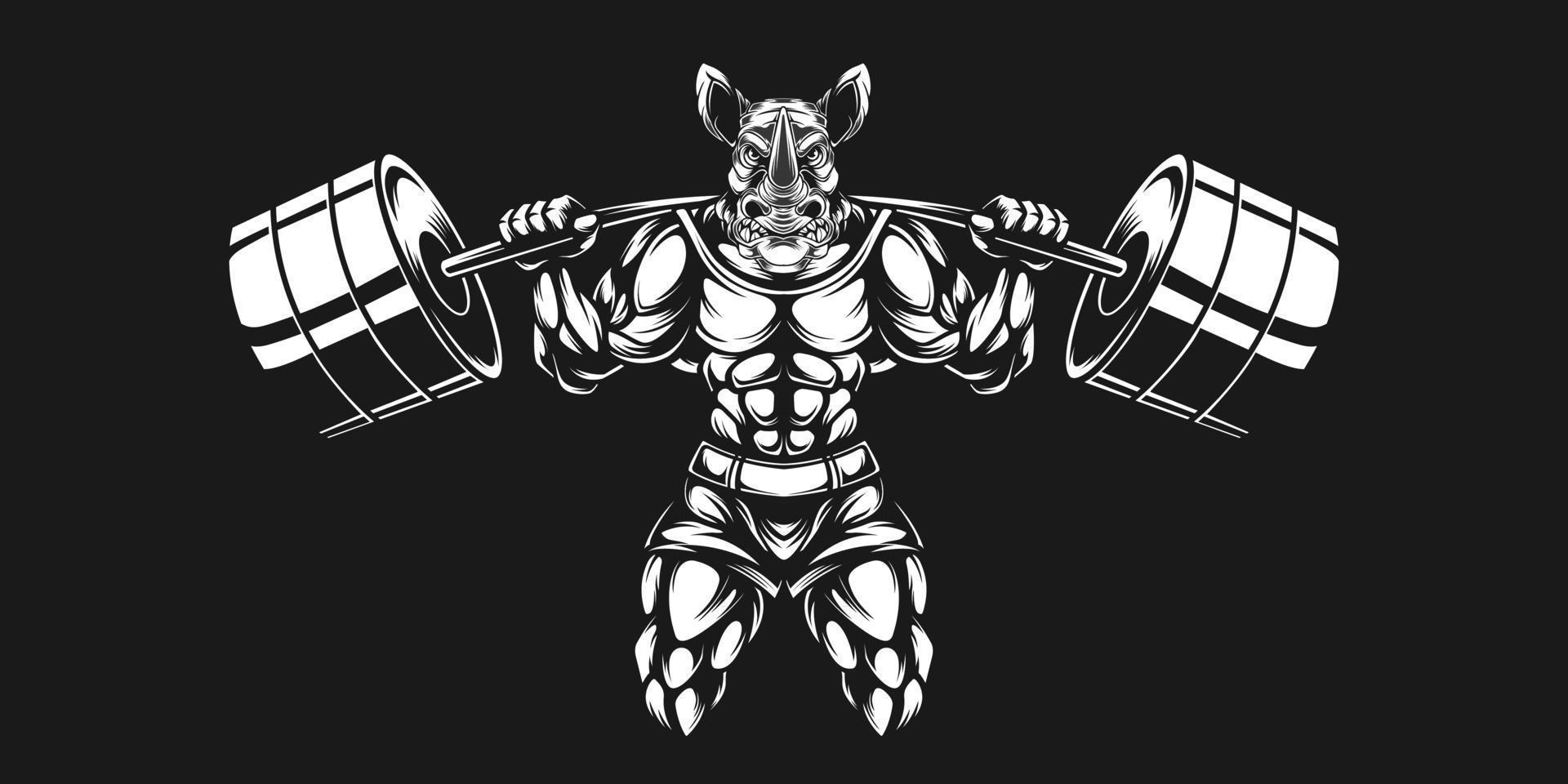 rhino artwork lifting barbell and black and white color vector