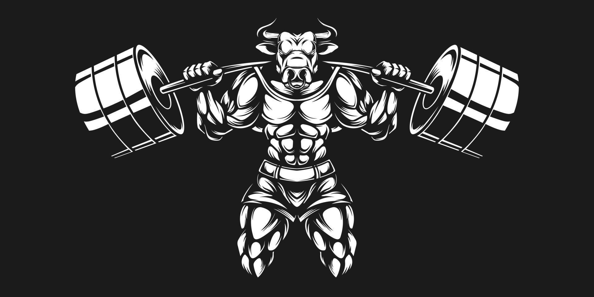 Bull bodybuilder lifting heavy weights in black and white vector