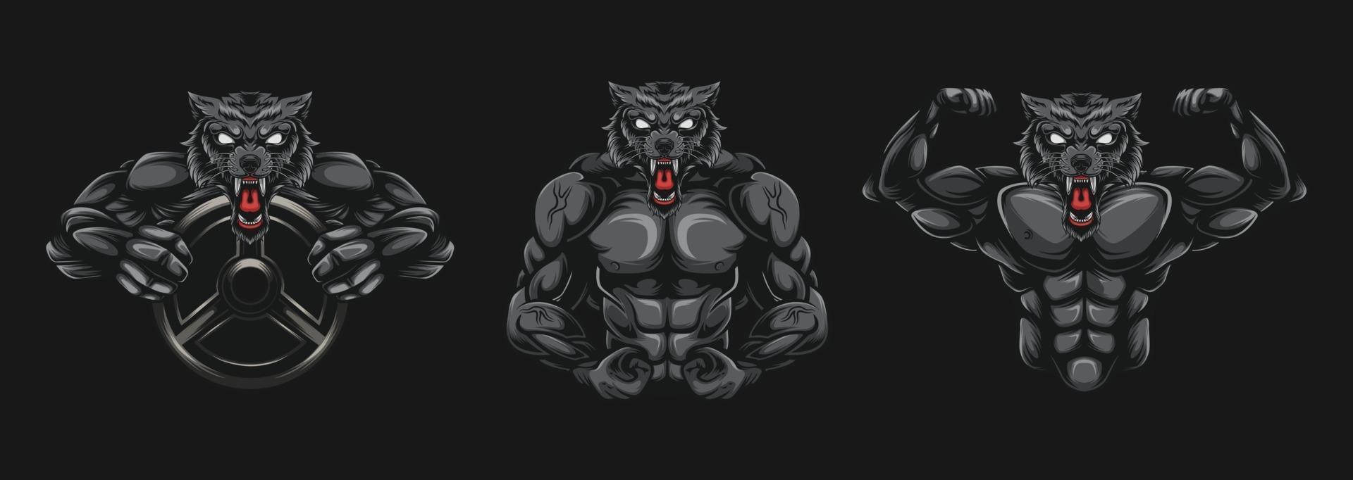 artwork wolf bodybuilders lifting weights vector