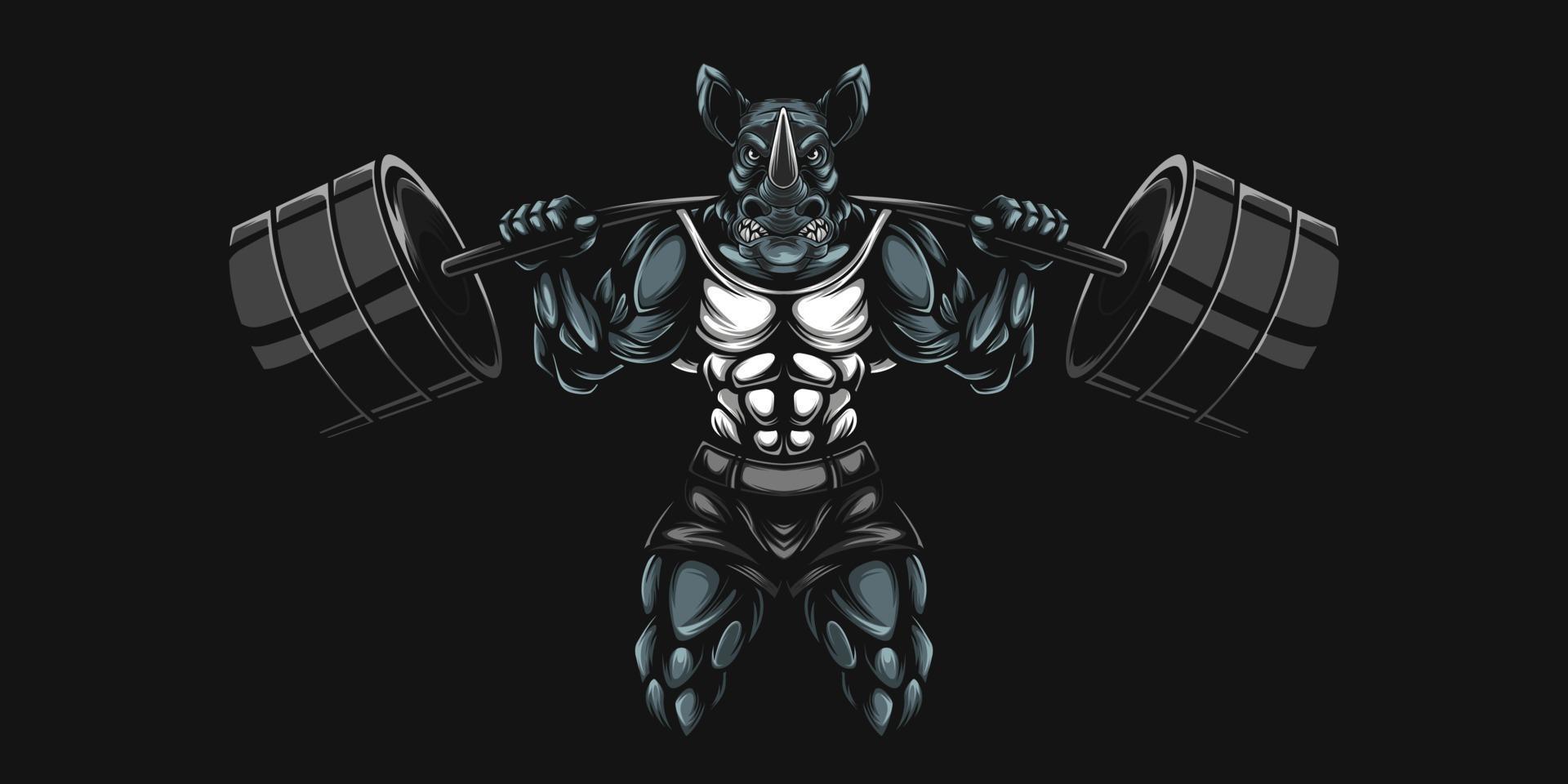 rhino bodybuilder artwork with lifting heavy barbell weights vector