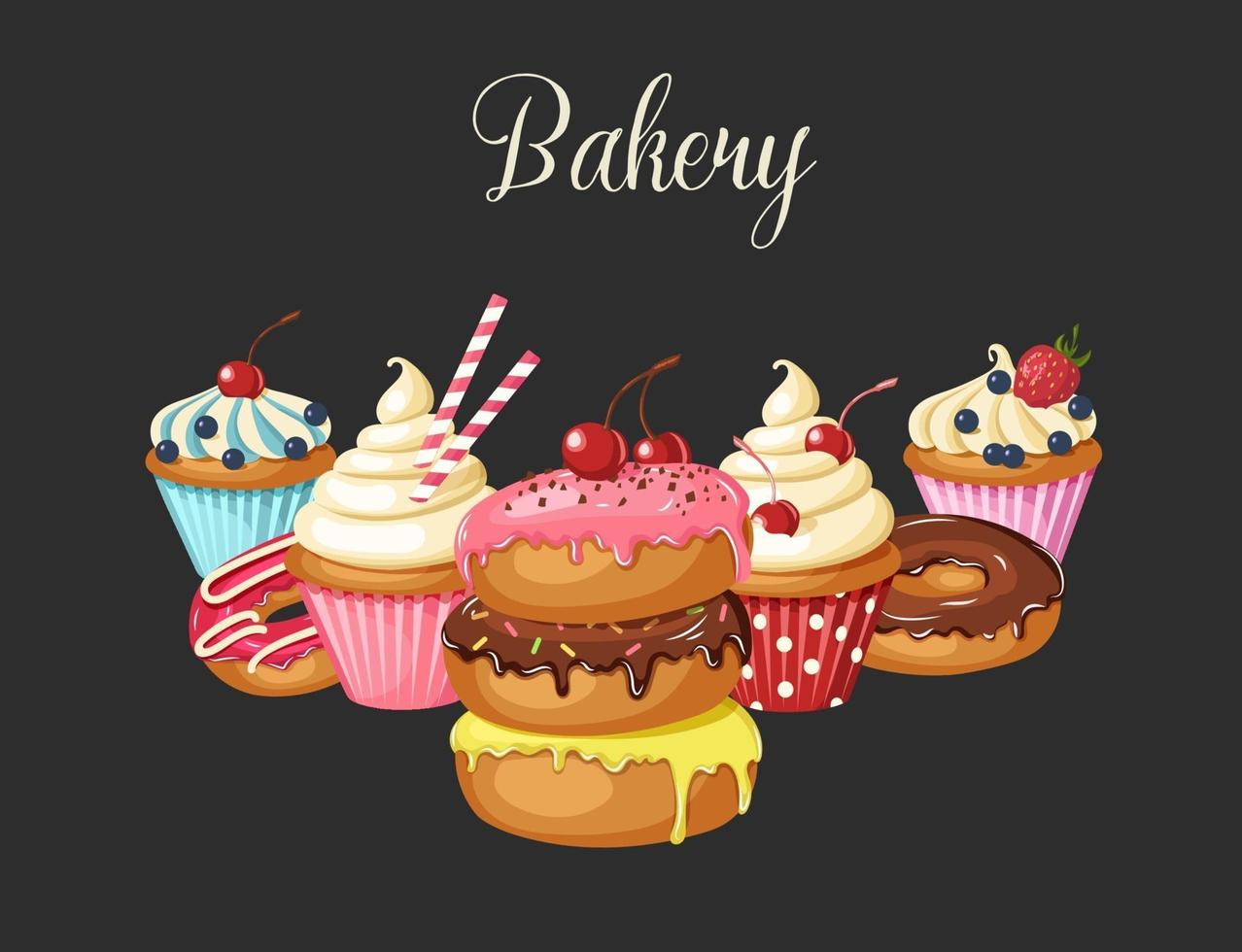 Sweet Bakery background with glazed donuts, cheesecake and cupcakes with cherry, strawberries and blueberries. Hand made lettering. Desert for menu. Food design. vector