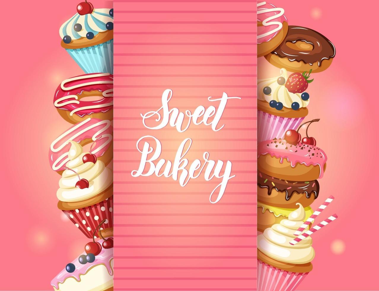 Sweet Bakery background with glazed donuts, cheesecake and cupcakes with cherry, strawberries and blueberries on pink. Hand made lettering. Desert for menu. Food design. vector