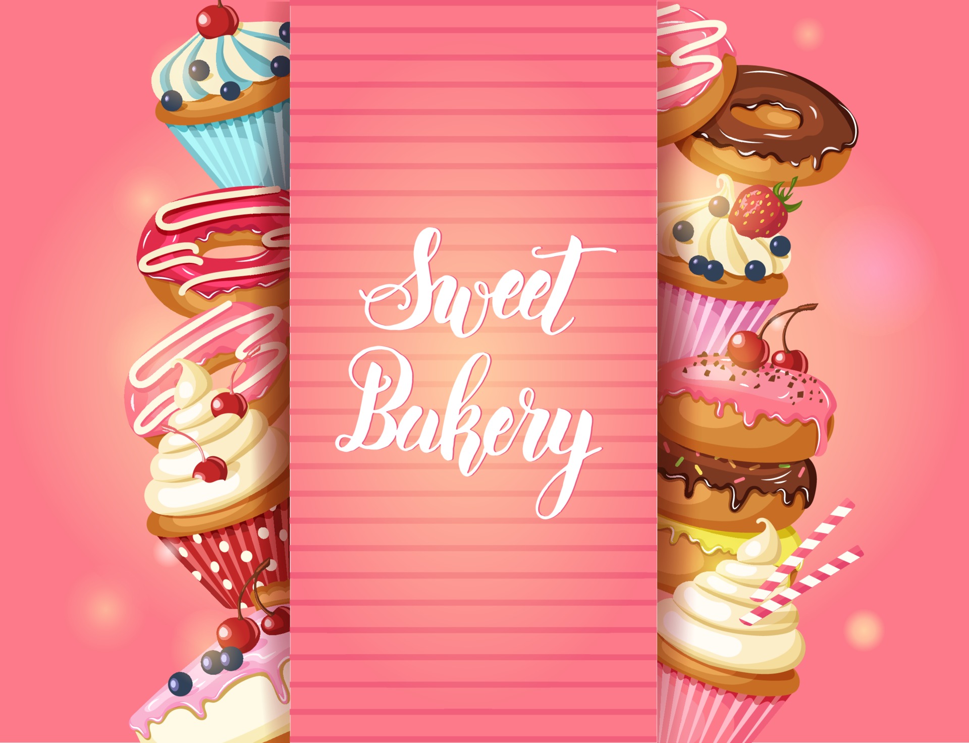 Sweet Bakery background with glazed donuts, cheesecake and cupcakes