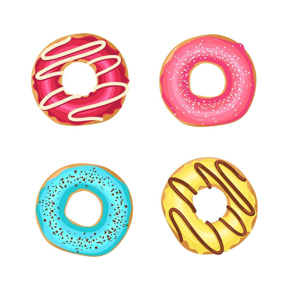 donas glaseadas de colores dulces aislados en blanco. diseño de alimentos vector