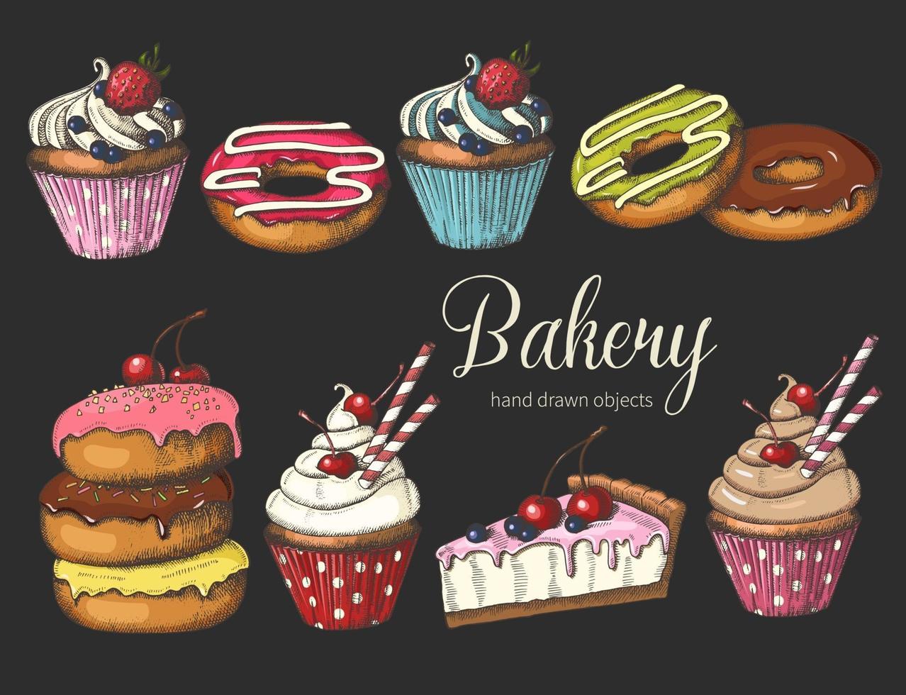 Set of sweet bakery on black. Hand drawn glazed donuts, cake and cupcakes. Desert for menu, advertising and banners. Sketch, lettering. vector