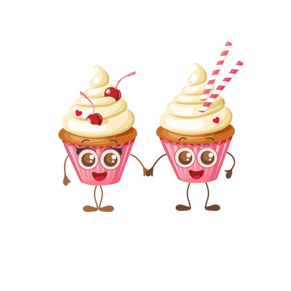 Happy Valentine's Day. Two sweet cupcakes with eyes isolated on white. Cartoon Food Character Emoji. Couple hold hands. Objects for holidays, menu, backgrounds vector