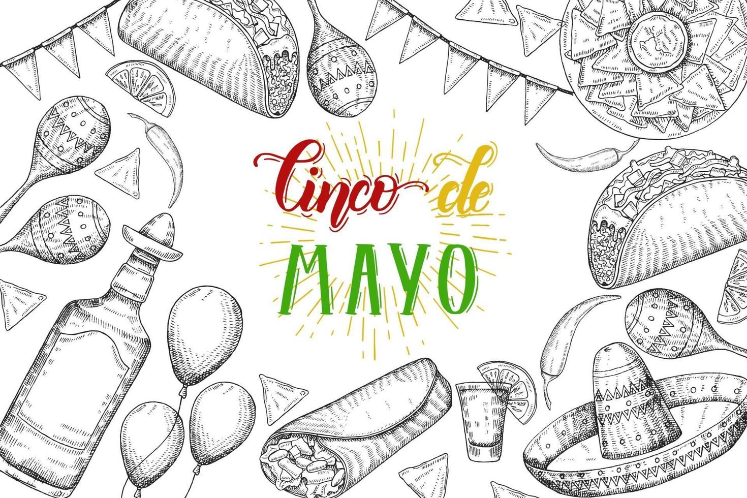 Fondo festivo del cinco de mayo con símbolos dibujados a mano: ají, maracas, sombrero, nachos, tacos, burritos, tequila, globos aislados en blanco. letras hechas a mano. vector