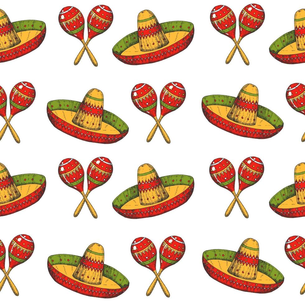 Cinco de Mayo seamless pattern with colored Hand drawn Mexican symbols- maracas and sombrero on white. Sketch. For wallpaper, web page background vector