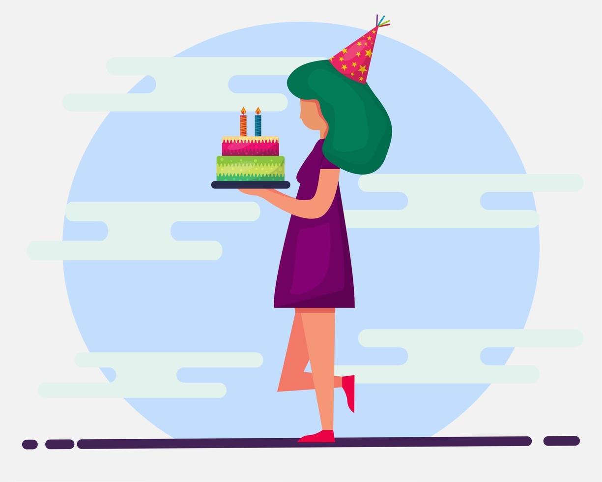 personaje femenino sosteniendo la torta para la ilustración del concepto de fiesta de cumpleaños en estilo plano vector