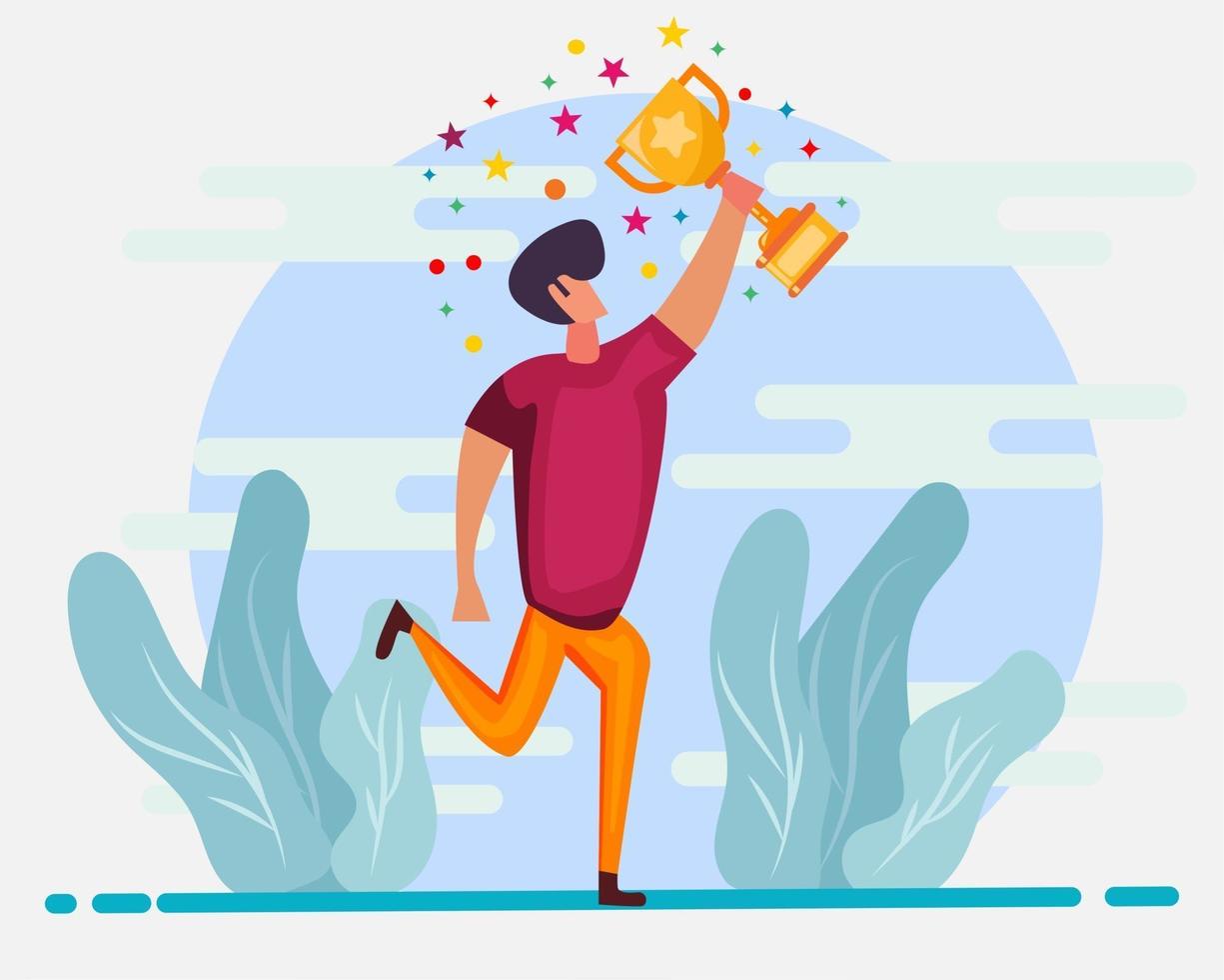 businessman holding the trophy for successful metaphor illustration in flat style vector