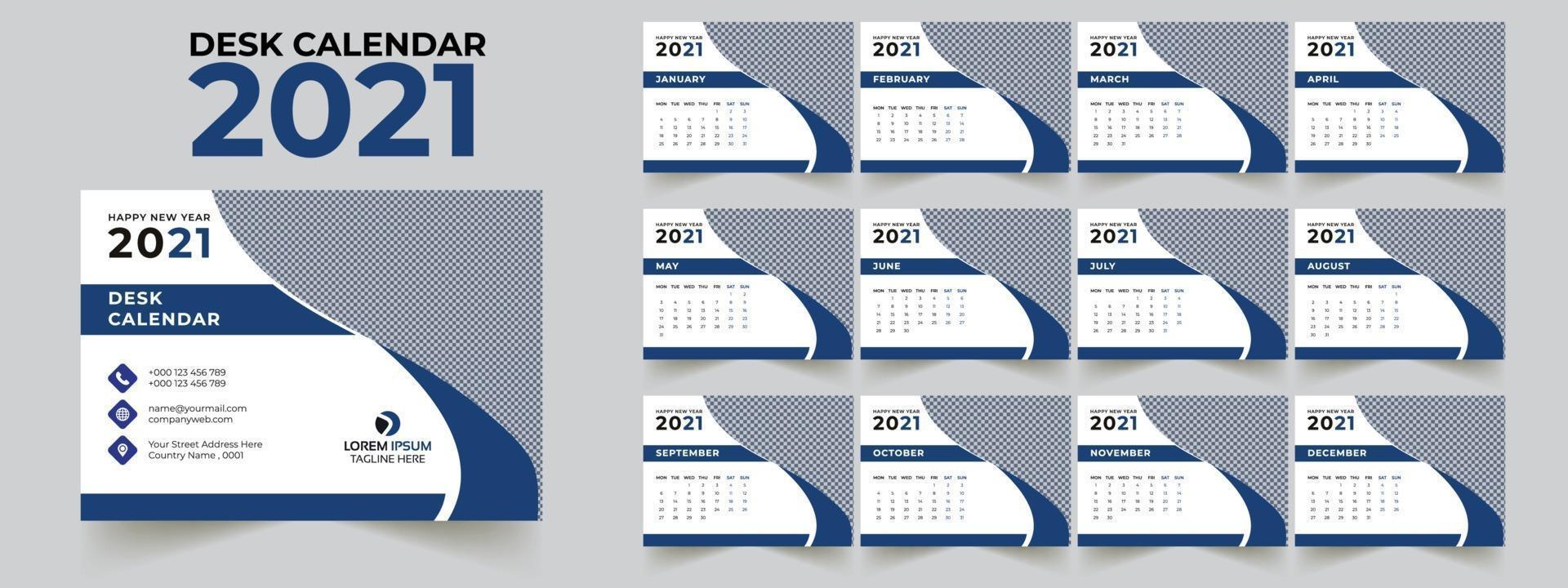 Desk Calendar 2021 Template Set of 12 Months vector