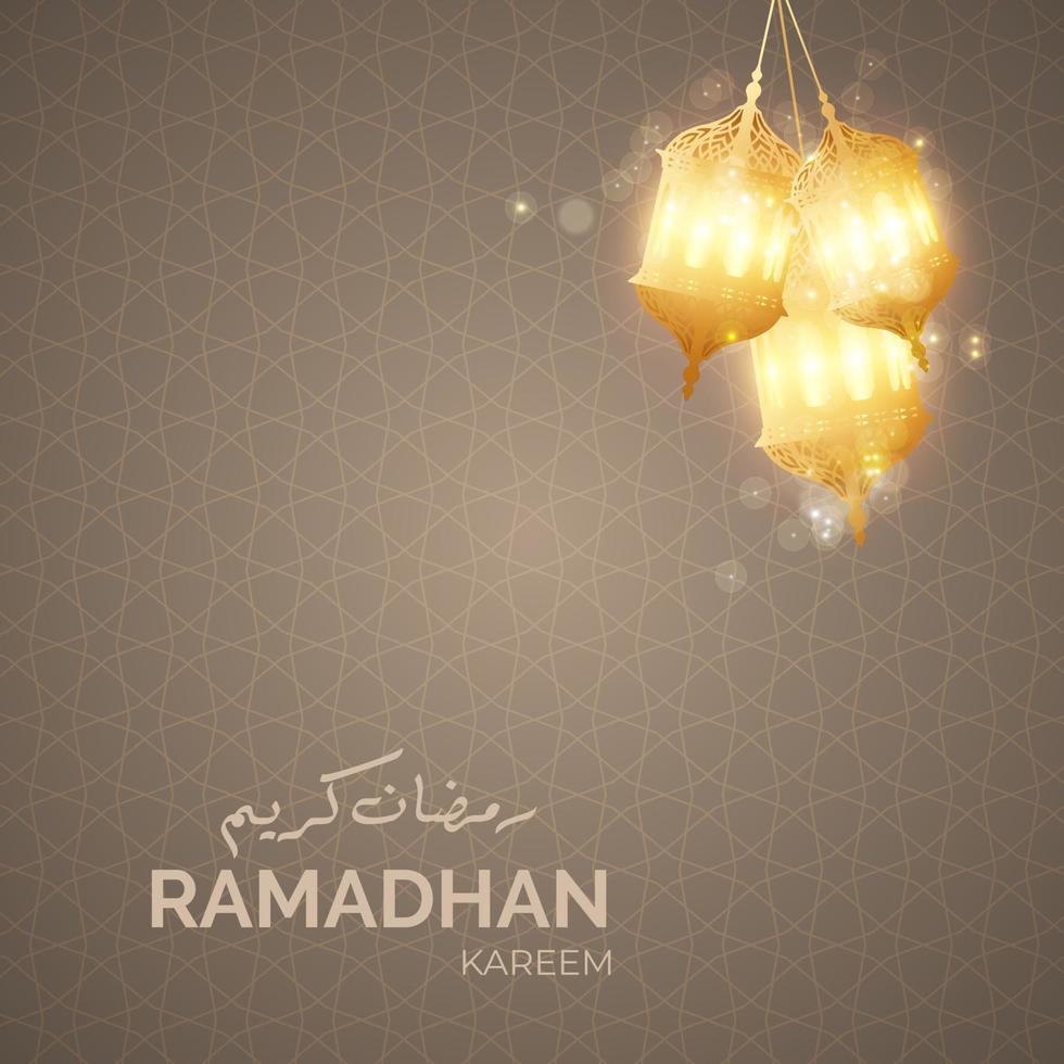 Ramadan greeting with arabic text and hanging lantern vector