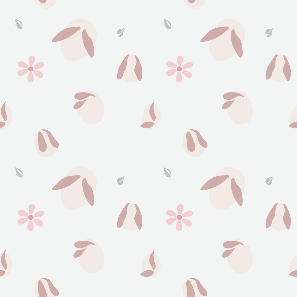 Seamless pattern with pink bunny and floral shapes on a white background. vector