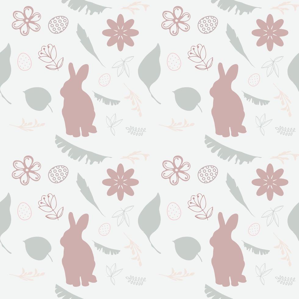 Seamless pattern with pink bunny and floral shapes on a white background. vector