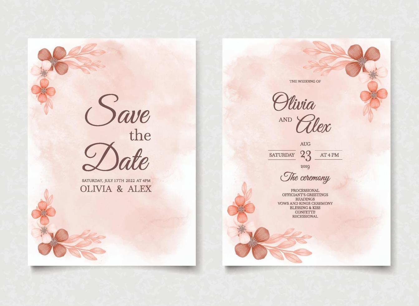 Orange watercolor wedding invitation flowers card vector