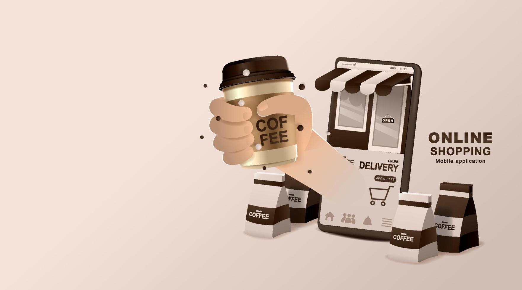 Online concept. Coffee shop delivery on mobile. Food and drink order application. vector