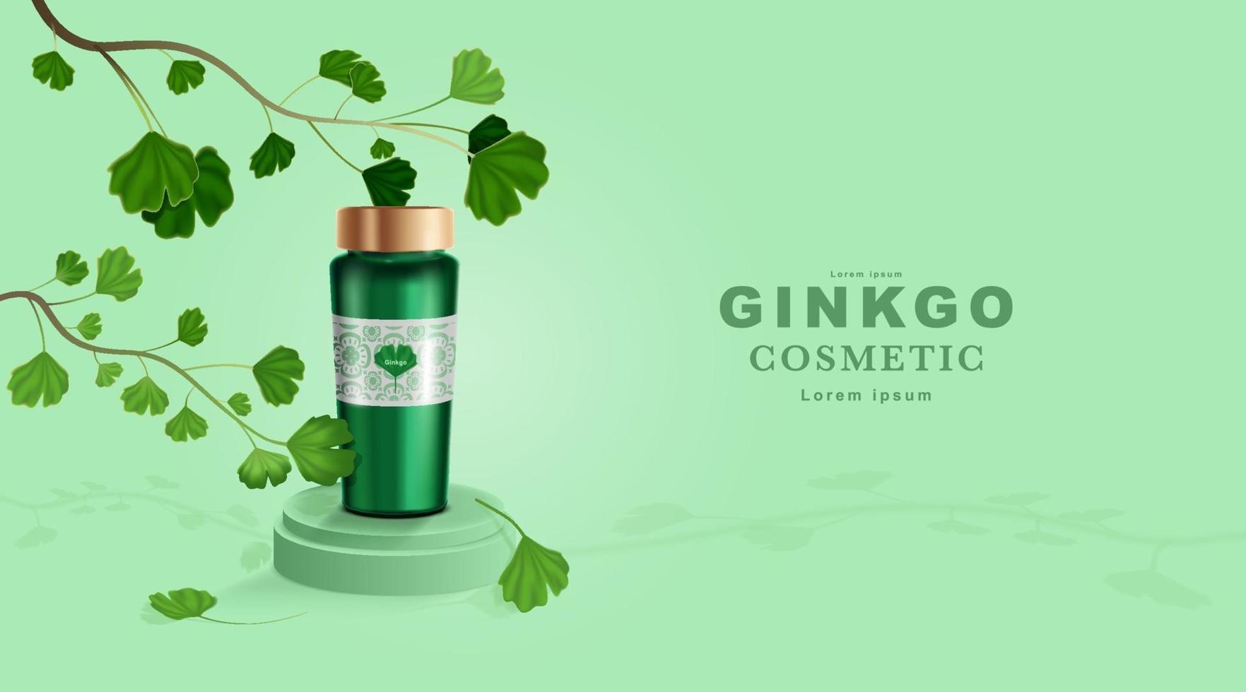 cosméticos o productos para el cuidado de la piel. maqueta de botella y hojas de ginkgo con fondo verde. vector