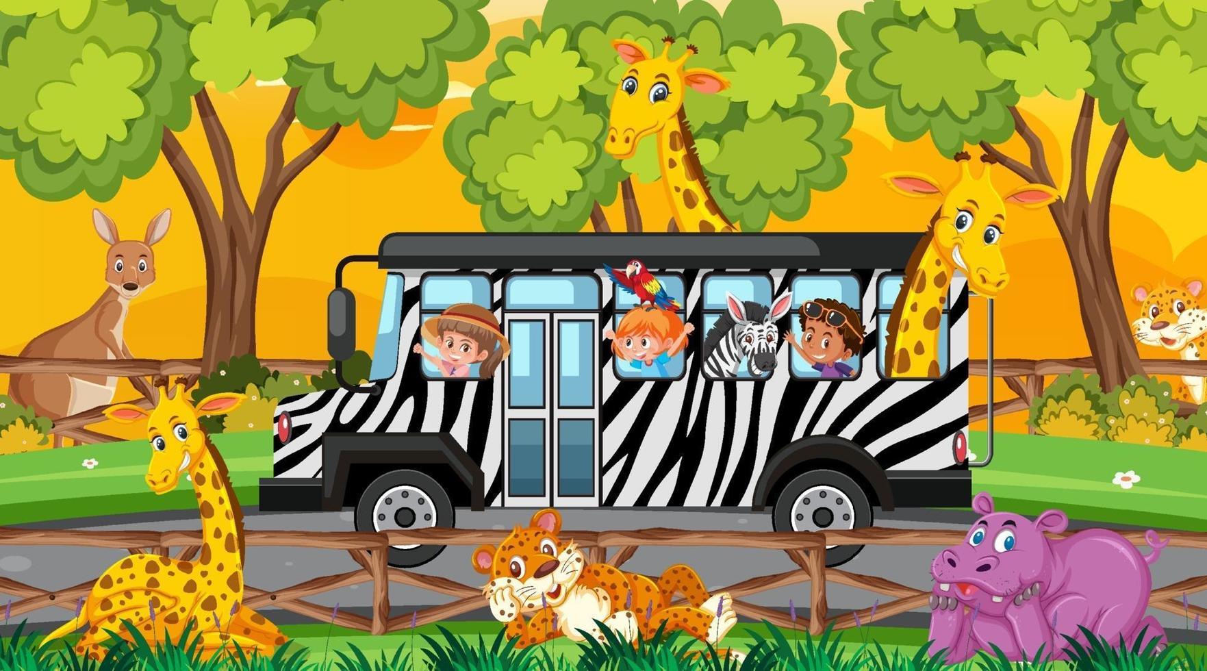 Safari al atardecer con niños y animales en el autobús. vector