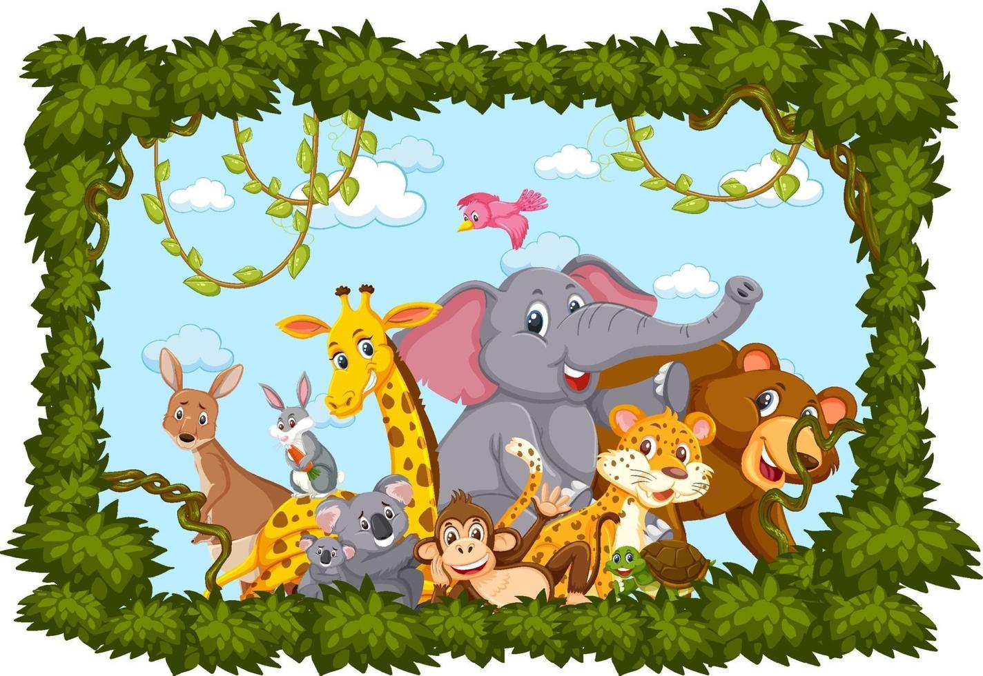 Wild animals group with leaves frame vector