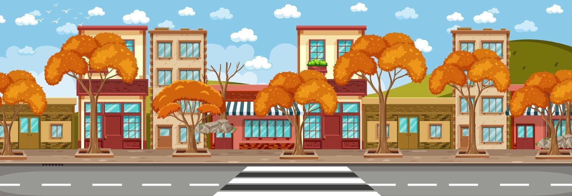 Many store buildings along the street horizontal scene at day time vector