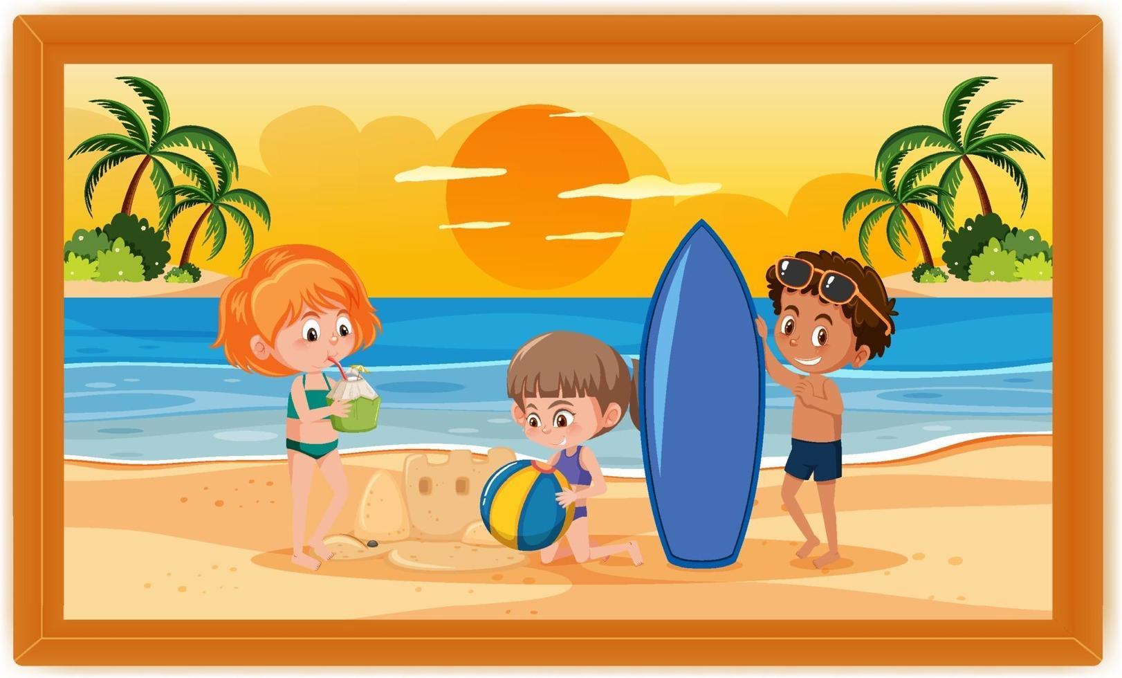 Kids on summer vacation scene photo in a frame vector