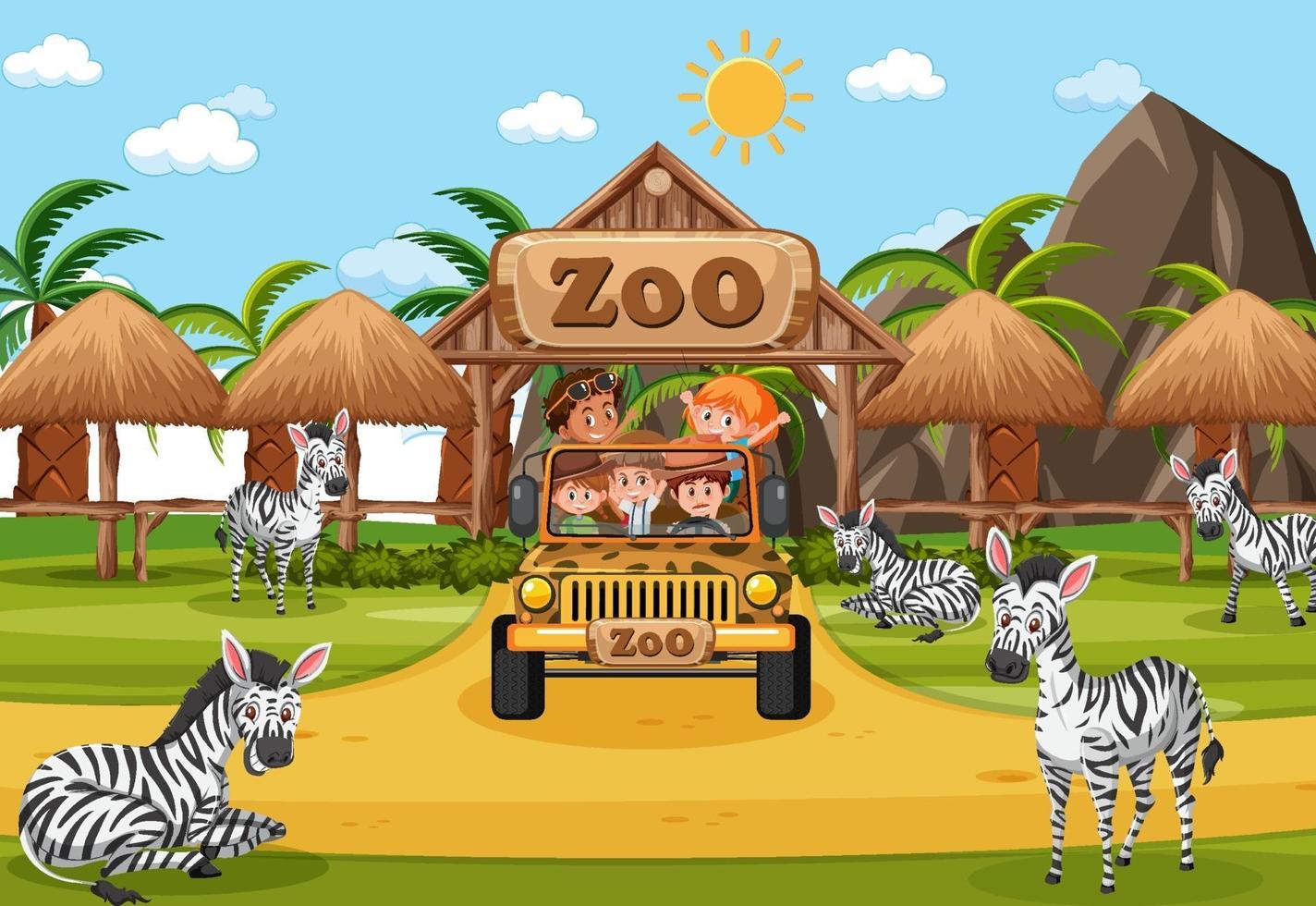 Safari scene with kids on tourist car watching zebra group vector