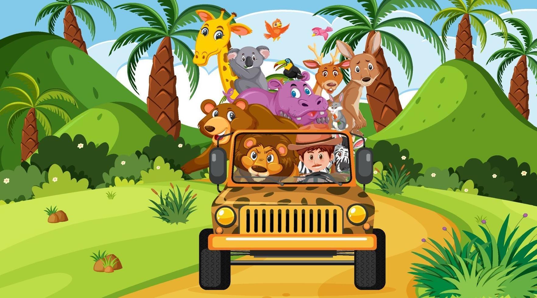 Escena de safari con animales salvajes en el coche jeep. vector