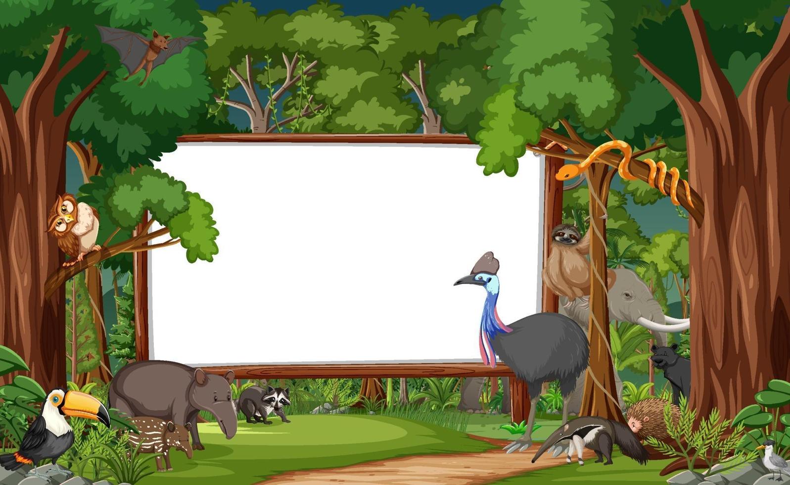 Blank banner in the rainforest scene with wild animals vector