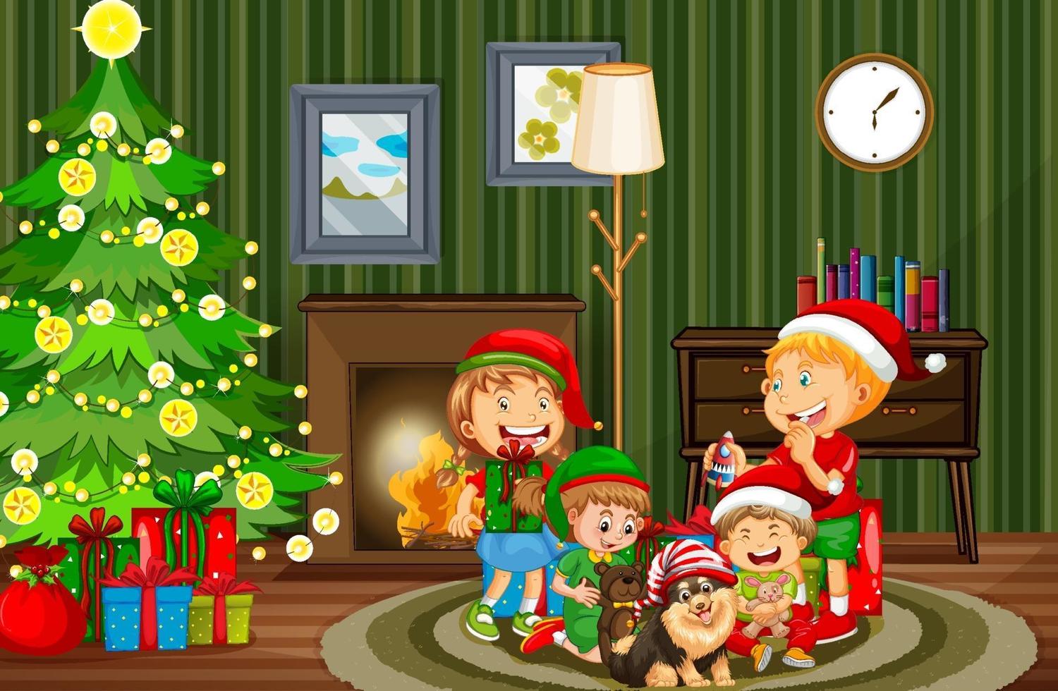 Christmas indoor scene with many children and cute dogs vector