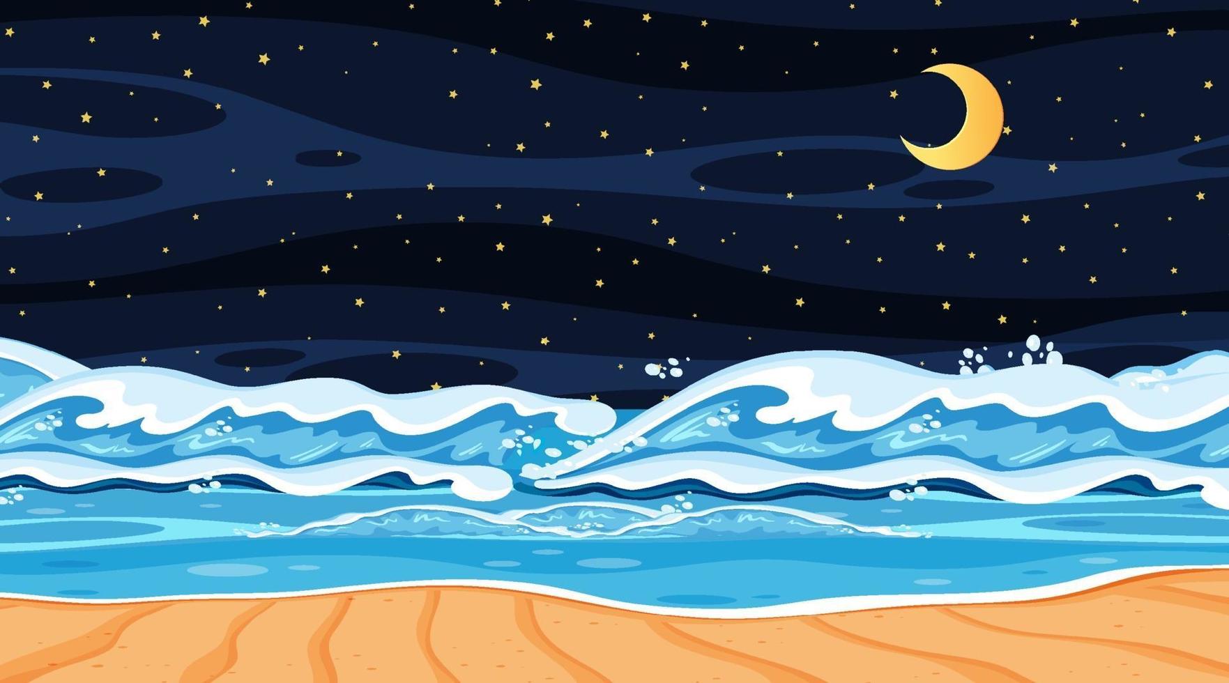 paisaje de playa en la escena nocturna con olas del mar vector