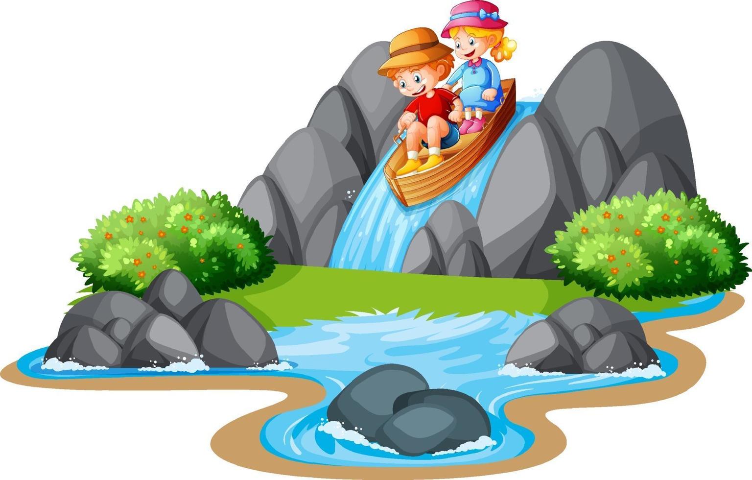 Children row the boat in the stream waterfall scene vector