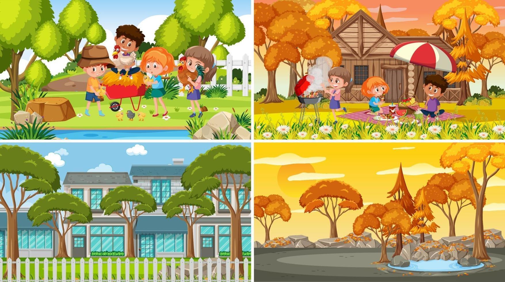 Set of different nature scenes background with people vector