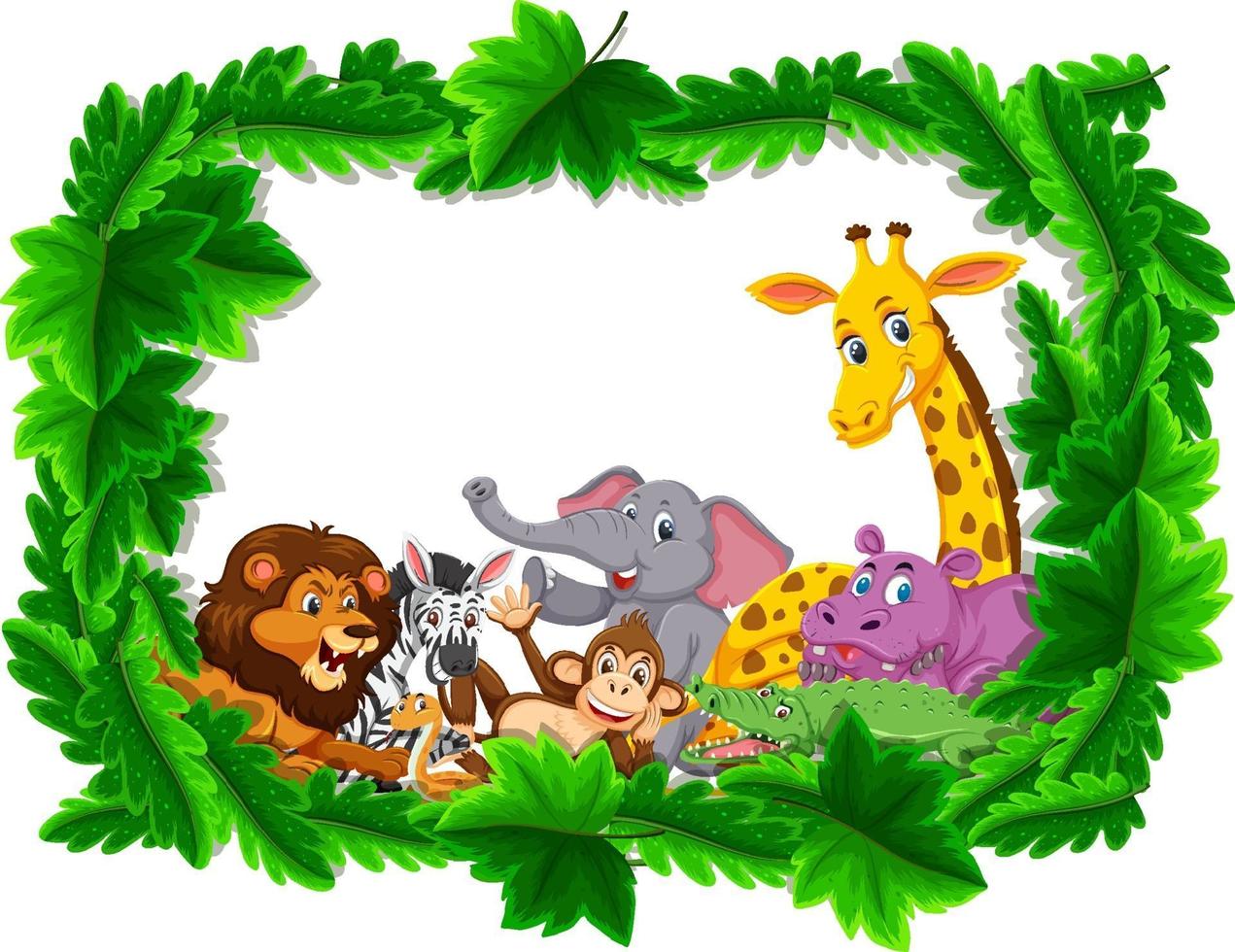 Wild animals group in forest frame vector
